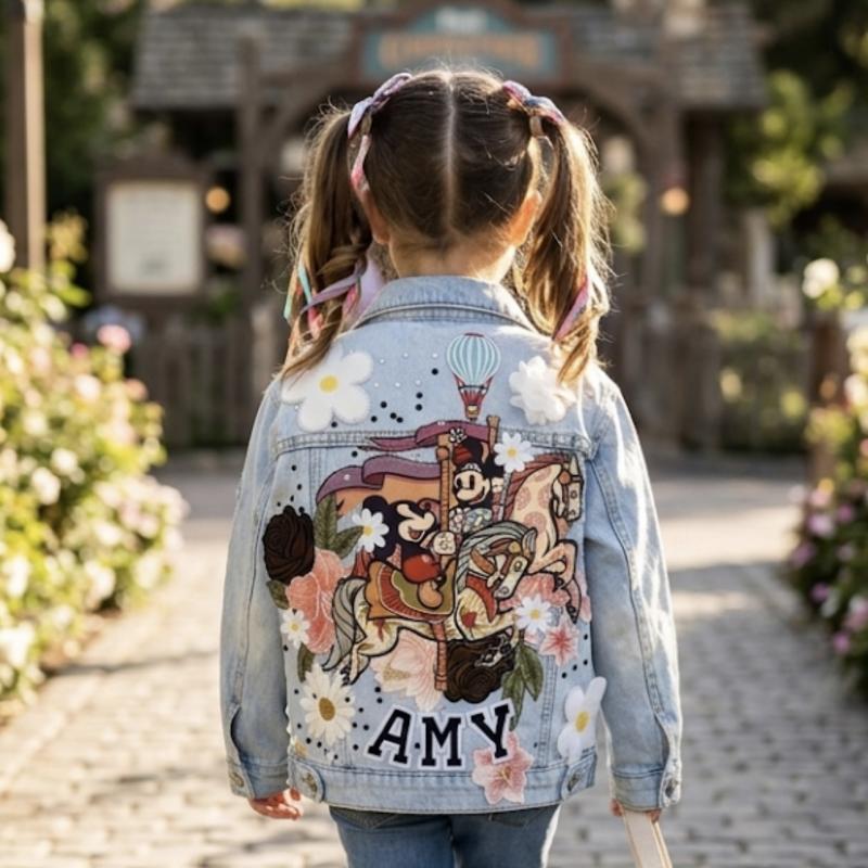 décor carrousel vintage  “Vestes en Jean Personnalisées & Féeriques pour Enfants – Cadeaux Uniques pour Noël et Anniversaires