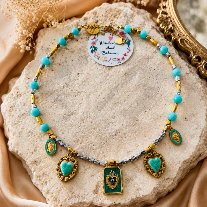 lier Amazonie – Perles d'Amazonite et Breloques Dorées Bohème