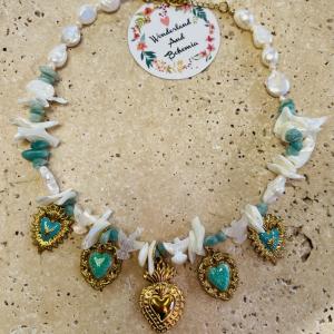 Image Collier Cœur Sacré – Aventurine et perles nacrées pour un Noël enchanté 