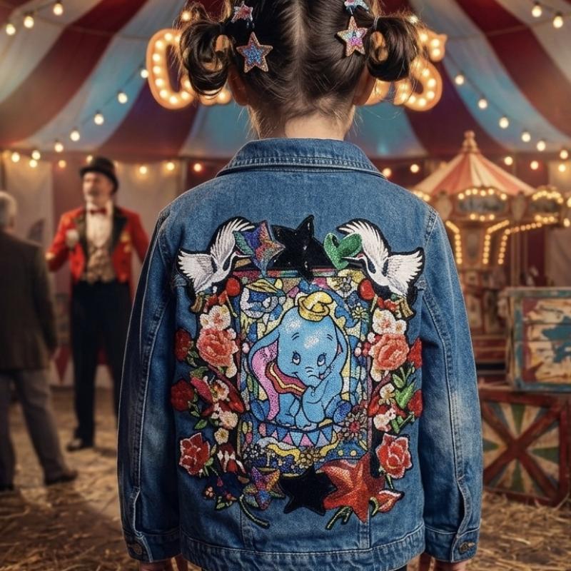 decor circus elephant “Vestes en Jean Personnalisées & Féeriques pour Enfants – Cadeaux Uniques pour Noël et Anniversaires sur base en jeans classique