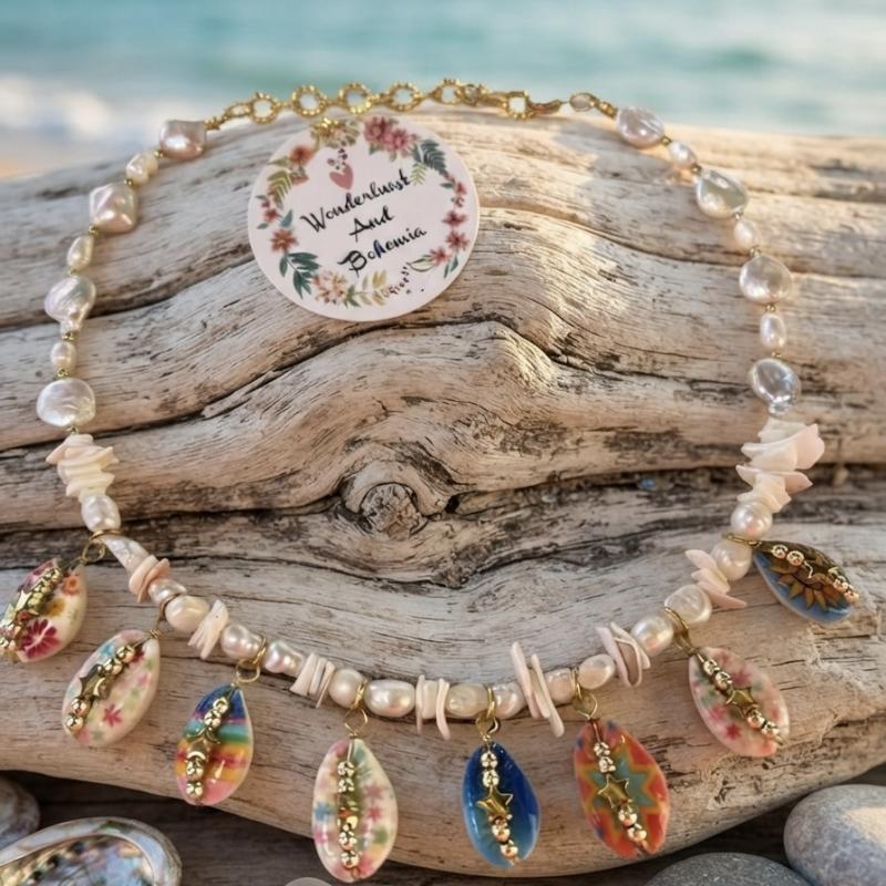 Collier Bohême Coquillages et Perles d'Eau Douce, Ras de Cou Plage Doré, Bijou de Créateur Wonderland And Bohemia, Cadeau Été