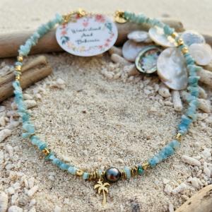 Image Collier Bohème Lagoon – Amazonite naturelle, Perle de Tahiti & Pendentif Palmier en Acier Inoxydable