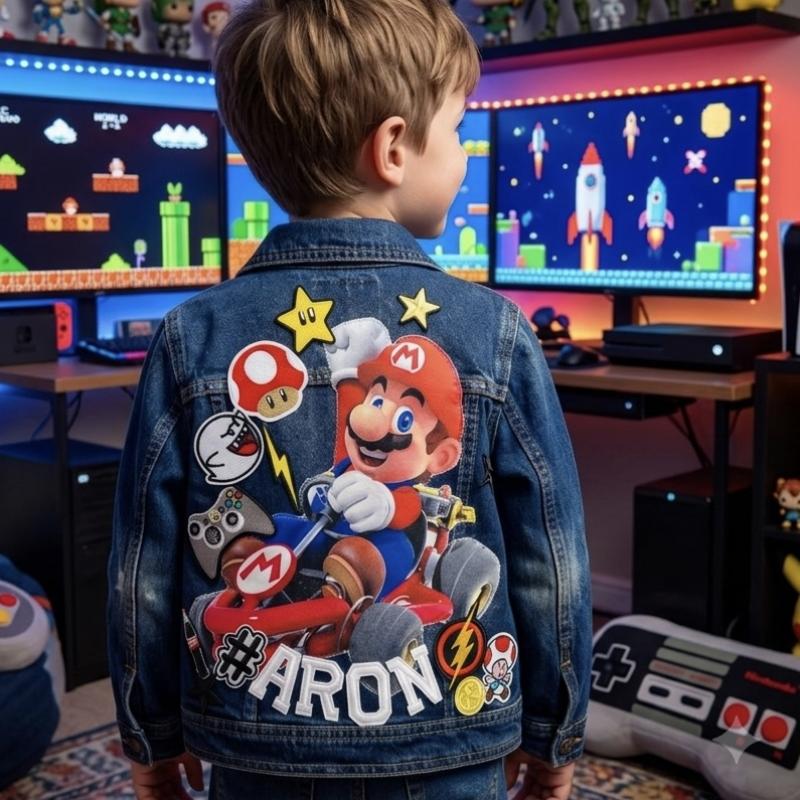 decor game sur veste en jeans basic “Vestes en Jean Personnalisées & Féeriques pour Enfants – Cadeaux Uniques pour Noël et Anniversaires
